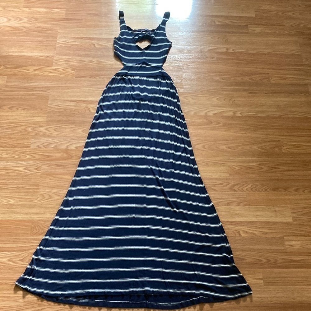 Blue and white striped maxi dress